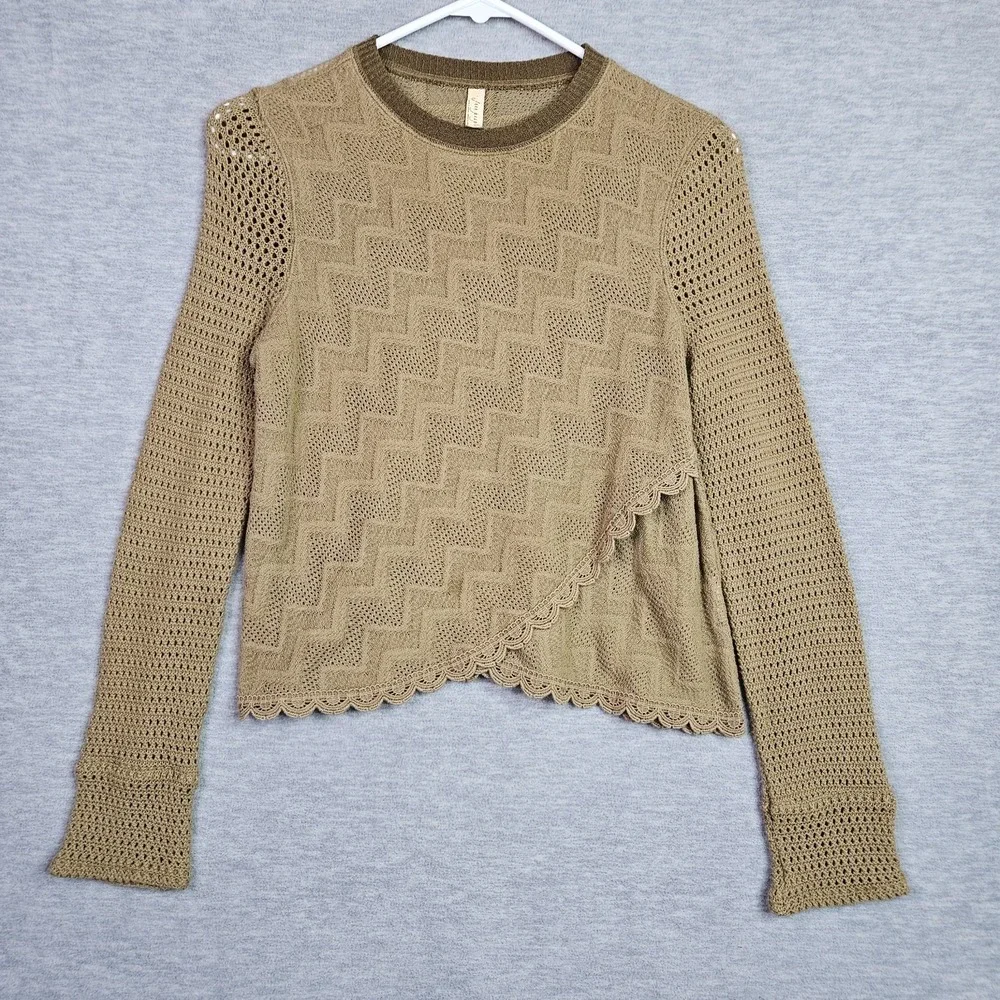 Free People Women's Olive Green Crewneck Open Knit Long Sleeve Boho Top Sz S